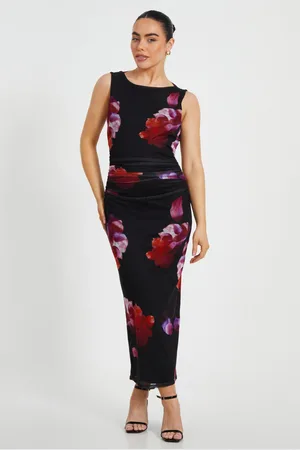 Quiz Womens Petite Mesh Floral Midaxi Dress - Size 14 UK