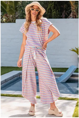 Azura Exchange Womens Stripe Rainbow Tee Tasseled String Wide Leg Pants Set Cotton - Size Medium