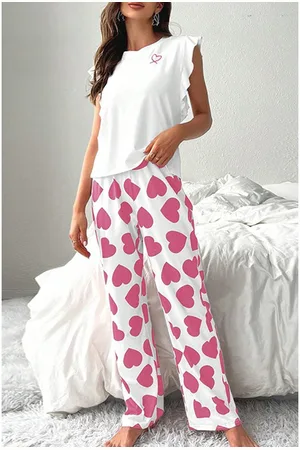 Azura Exchange Womens Ruffled Tank Top And Heart Print Pants Lounge Set - Size X-Large