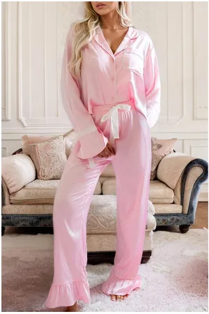 Azura Exchange Womens Satin Knot Accent Shirt and Ruffled Pants Lounge Set - Size Medium
