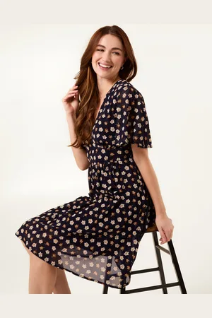 Blue Vanilla Womens V Neck Tie Back Flower Printed Mini Dress - - Size Small