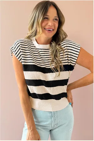 Azura Exchange Womens Black white Striped O Neck Sweater Vest - Size Large