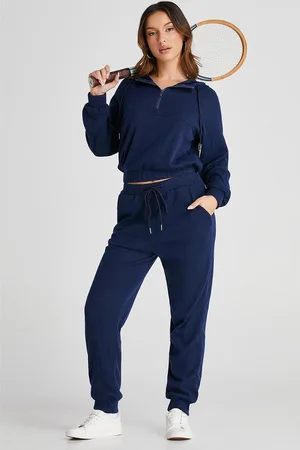 Azura Exchange Womens Blue Ribbed Knit Cropped Hoodie and Drawstring Joggers Set - Size Small
