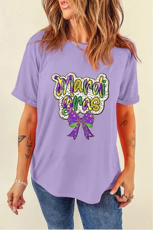 Azura Exchange Womens Wisteria mardi gras Bow Printed Crewneck Holiday T Shirt - - Size Large