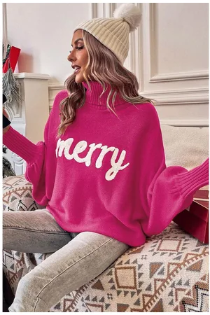 Azura Exchange Womens Merry Christmas Sweater Oversized Turtleneck Pullover Knit Top Pink - Polyamide - Size Large