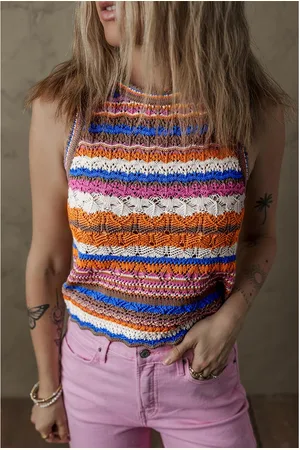 Azura Exchange Womens Striped Textured Knit Crew Neck Sweater Vest Cotton - Size Large