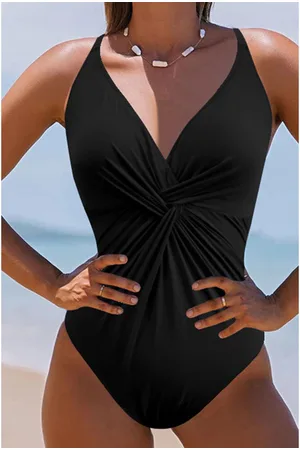 Azura Exchange Womens V Neck Twist Ruched Crisscross Backless One-Piece Swimsuit Nylon - Size X-Large