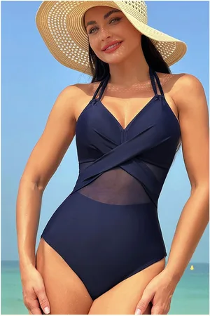 Azura Exchange Womens Blue Halter Mesh Insert Cross Front One-Piece Swimsuit Nylon - Size Large