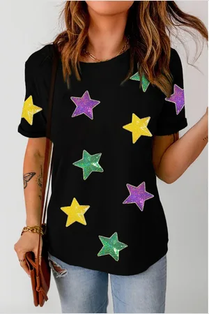 Azura Exchange Womens Colorful Sequin Stars Patched Relaxed T Shirt - Size Large