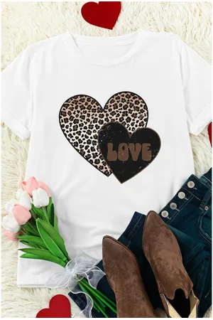 Azura Exchange Womens Leopard LOVE Double Heart Printed Valentines Graphic Tee - Size Small