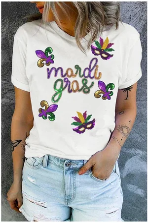 Azura Exchange Womens Sequin Mardi Gras Pattern Graphic Crew Neck Tee - Size 2XL