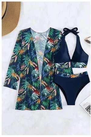Azura Exchange Womens 3pcs Tropical Contrast Trim Halter Bikini Set with Cover up - Size Small