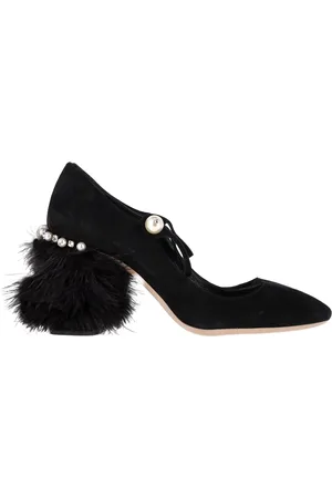 Miu Miu Pre-owned Womens Feather-trimmed Mary Jane Pumps In Suede - Size EU 39
