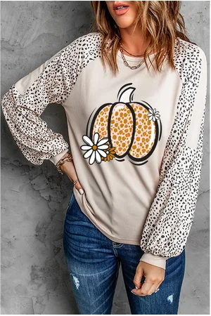 Azura Exchange Womens Leopard Raglan Long Sleeve Floral Pumpkin Graphic Top - Size Large