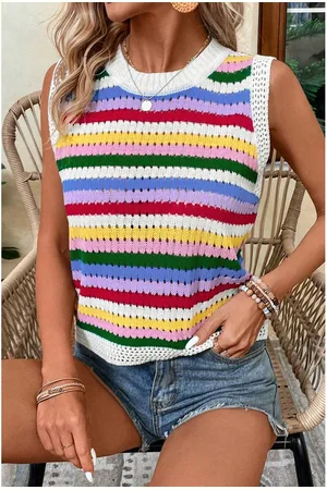 Azura Exchange Womens Striped Knitted Eyelet Slim Sweater Vest - Size X-Large