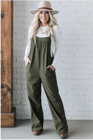 Azura Exchange Womens Jungle Green Solid Pocketed Loose Fit Corduroy Overall - - Size X-Large