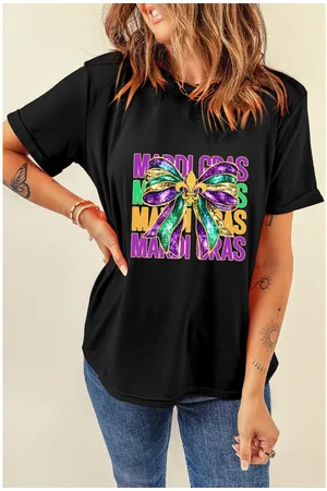 Azura Exchange Womens MARDI GRAS Fleur de Lis Bowknot Printed Crewneck Tee - Size Large