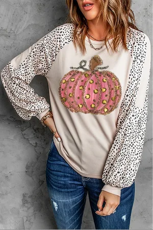 Azura Exchange Womens Thanksgiving Pumpkin Graphic Leopard Raglan Sleeve Top - Size Large