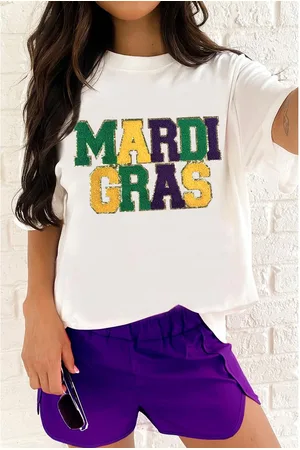 Azura Exchange Womens Chenille MARDI GRAS Patched Graphic T Shirt - Size Large