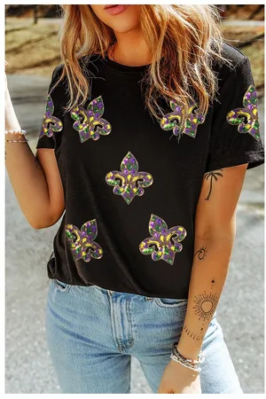 Azura Exchange Womens Maid Gras Sequin Fleur de Lis Graphic T Shirt - Size 2XL