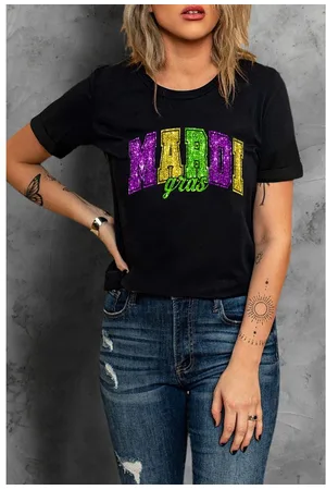 Azura Exchange Womens Mardi Gras Heat Transfer Graphic Holiday Tee - Size Medium
