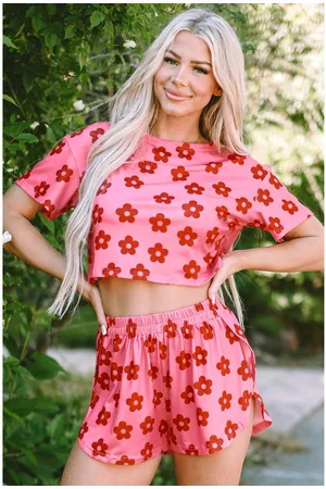 Azura Exchange Womens Floral Print Crop Tee and Shorts Lounge Set - Size X-Large