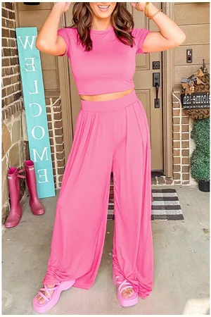 Azura Exchange Womens Strawberry Slim Fit Crop Top and Pleated Wide Leg Pants Set - Size X-Large