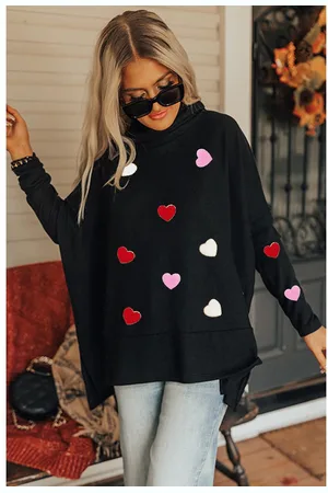 Azura Exchange Womens Valentines Chenille Heart Patched Dolman Sleeve High Neck Split Top - Size Medium