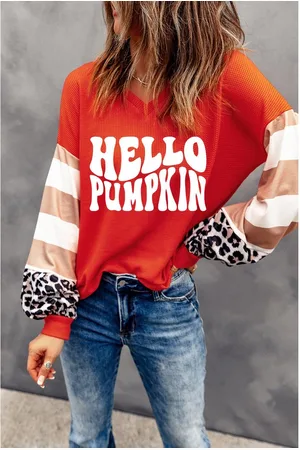 Azura Exchange Womens Hello Pumpkin Graphic Leopard Striped Colorblock Sleeve V Neck Top - Size Large