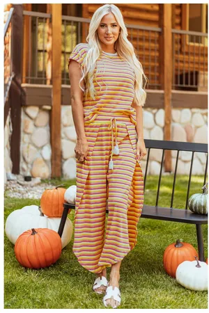 Azura Exchange Womens Stripe Rainbow Tee Tasseled String Wide Leg Pants Set Cotton - Size Large