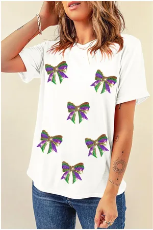 Azura Exchange Womens Sequin Mardi Gras Bow Graphic Crewneck Tee - Size 3XL