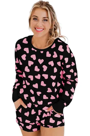 Azura Exchange Womens Valentine Heart Shape Print Long Sleeve Top Shorts Lounge Set - Size Large