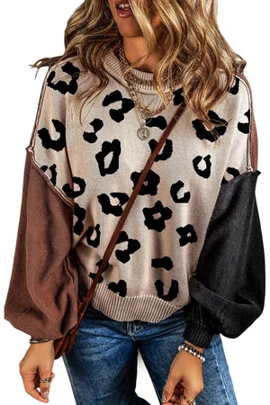 Azura Exchange Womens Coffee Leopard Print Colorblock Pullover Sweater - - Size Large