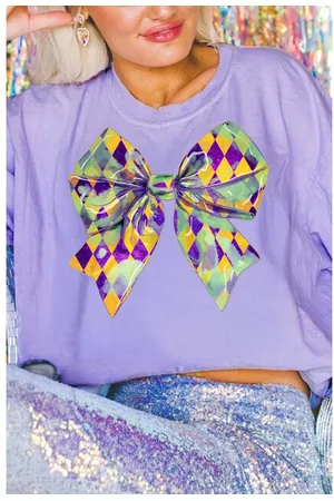 Azura Exchange Womens Wisteria Mardi Gras Bowknot Pattern Crew Neck T Shirt - - Size Large