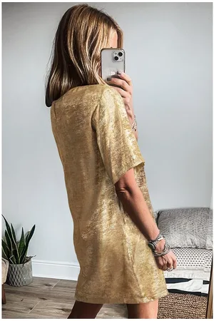 Azura Exchange Womens Metallic Luster Crewneck Mini T-Shirt Dress - Size Large
