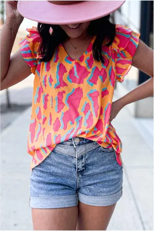Azura Exchange Womens Abstract Print V Neck Ruffled Sleeve Blouse - Size Large