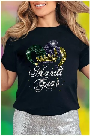 Azura Exchange Womens Rhinestone Mardi Gras Clown Hat Graphic Crewneck Tee - Size Small