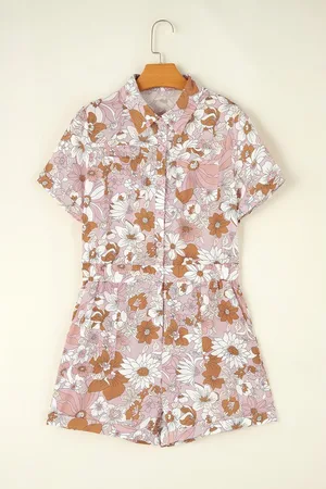 Azura Exchange Womens Floral Short Sleeve Collared Button Front Romper - Size Small