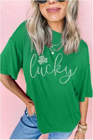 Azura Exchange Womens Bright Ceramic Rhinestone Lucky Clover Graphic Tee - Size X-Large