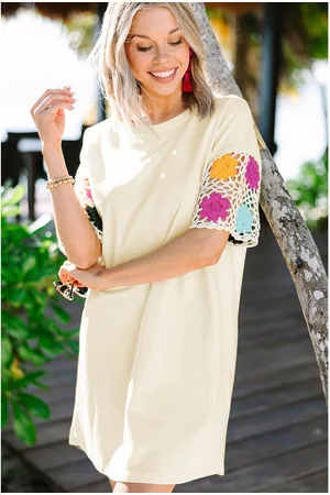 Azura Exchange Womens Floral Crochet Splicing Sleeve T Shirt Dress - Size Medium
