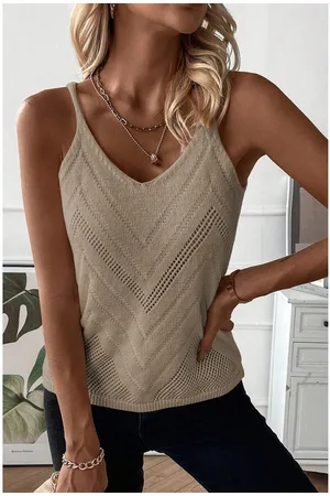 Azura Exchange Womens Parchment Chevron Pointelle Knit Spaghetti Straps Sweater Vest - Cotton - Size Large