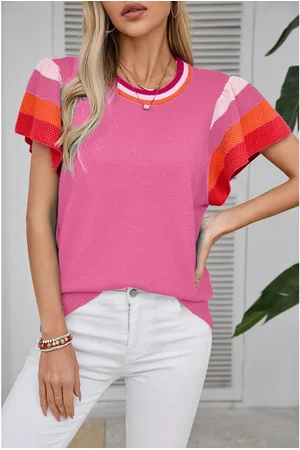 Azura Exchange Womens Bright Contrast Flutter Sleeves Knitted Sweater T Shirt Viscose - Size Large