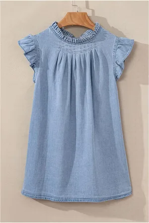 Azura Exchange Womens Beau Frilly Pleated Button Back Retro Chambray Top Cotton - Size Large