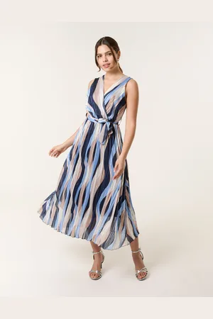 Blue Vanilla Womens Squiggle Print Sleeveless Wrap Pleat Dress - - Size Small/Medium