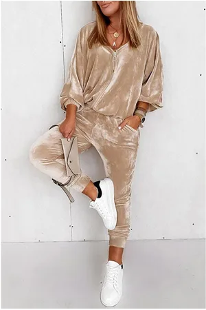Azura Exchange Womens Parchment Velvet Zipped Top and Joggers Two Piece Set - - Size Small
