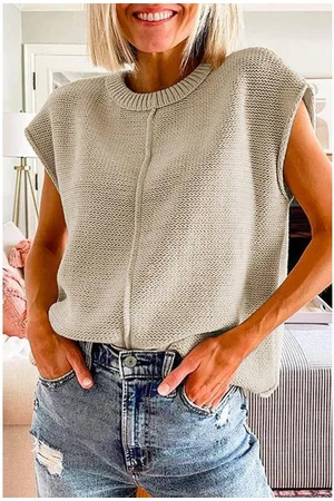 Azura Exchange Womens Oatmeal Solid Color Cap Sleeve Knitted Sweater - Cotton - Size Large