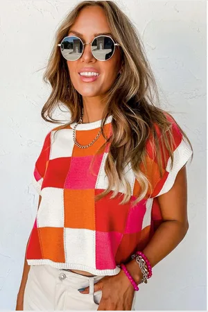 Azura Exchange Womens Fiery Color Block Cap Sleeve Sweater Viscose - Size X-Large
