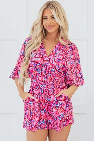 Azura Exchange Womens Abstract Print Puff Sleeve V Neck High Waist Romper - Size Medium