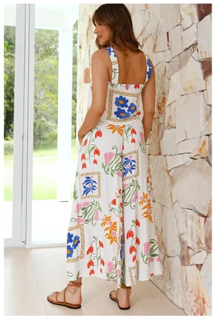 Azura Exchange Womens Colorful Printed Square Neck Tank and Wide Leg Pants Set Viscose - Size X-Large