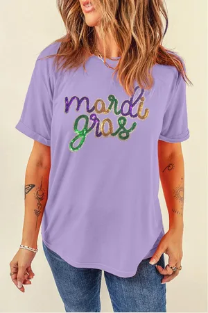Azura Exchange Womens Wisteria Sequin mardi gras Graphic T Shirt - - Size Large